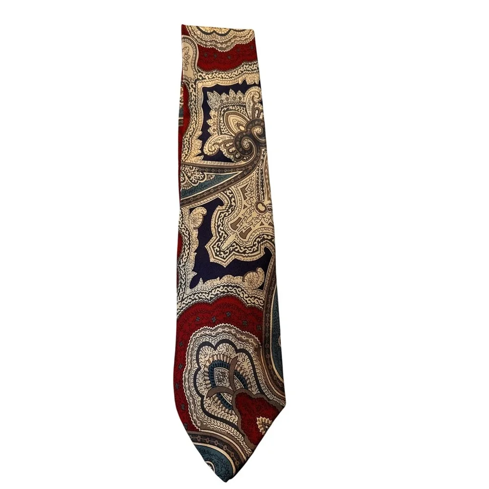 XMI for Nordstrom Mens Silk Tie Hand Sewn Burgundy Navy Large Paisley Print‎